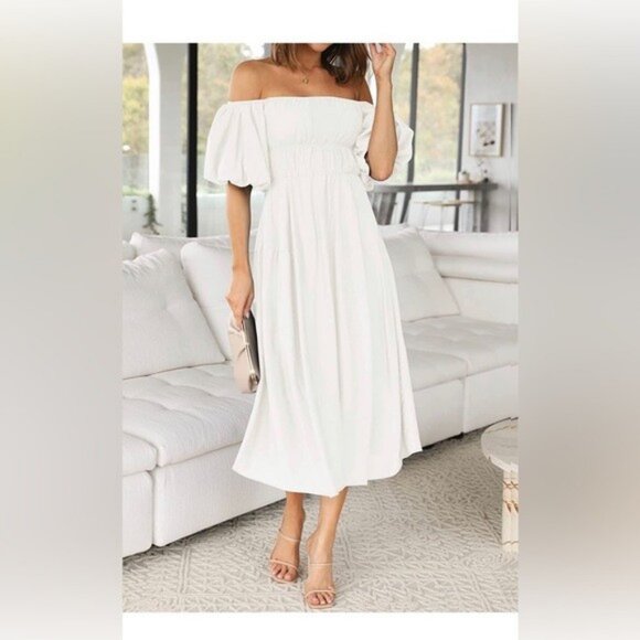Zesica Dresses & Skirts - Boho Off Shoulder Puff Sleeves High Waist Ruffled Flowy A Line Dress Size L